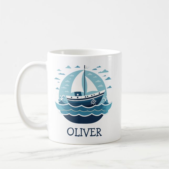 Caneca De Café Navio-vela azul-cúmulo no mar personalizado (Esquerda)