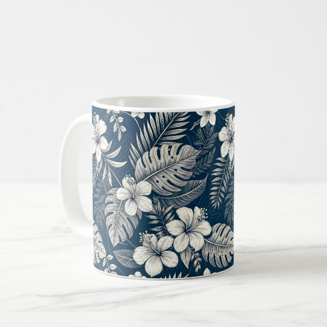 Caneca De Café Navy Blue Hibiscus Monstera Tropical Botanical (Frente Esquerda)