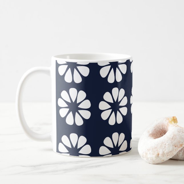 Caneca De Café Navy Blue White Floral (Com Donut)