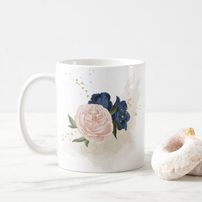 Caneca De Café navy e flores rosa blush folhagem (Com Donut)