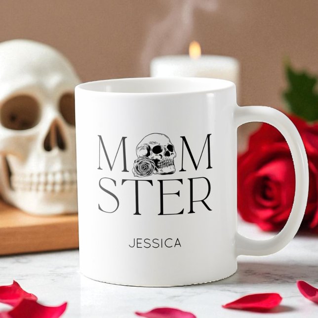 Caneca De Café Negra Moderna Negra Negra Namorada Momster Hallowe (Modern Black Skull Scary Momster Halloween Mom Coffee Mug)