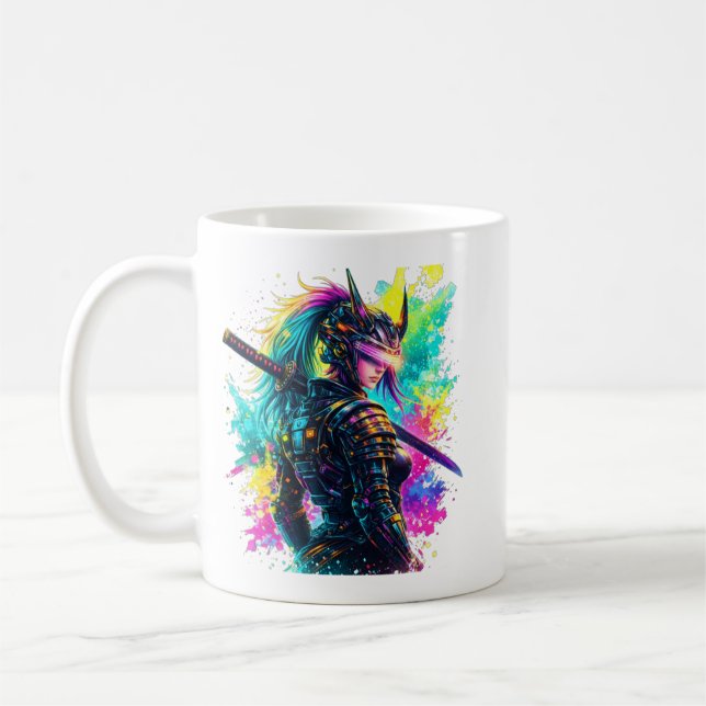 Caneca De Café Neon Cyber Samurai Girl – Cyberpunk Katana Art (Esquerda)