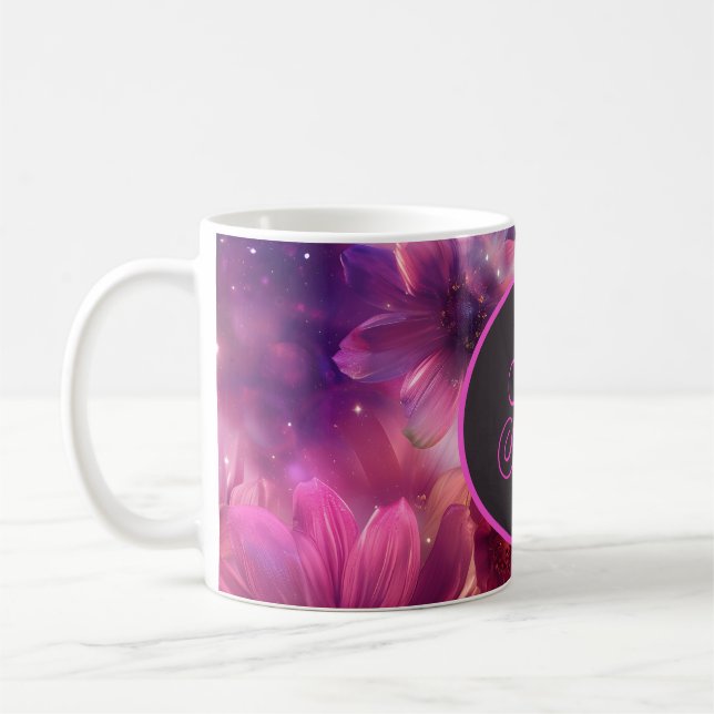 Caneca De Café Neon Floral Patterno com Monograma (Esquerda)