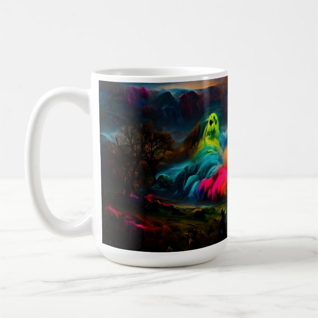Caneca De Café Neon Ghosts em uma paisagem fantasia assombrada (Esquerda)