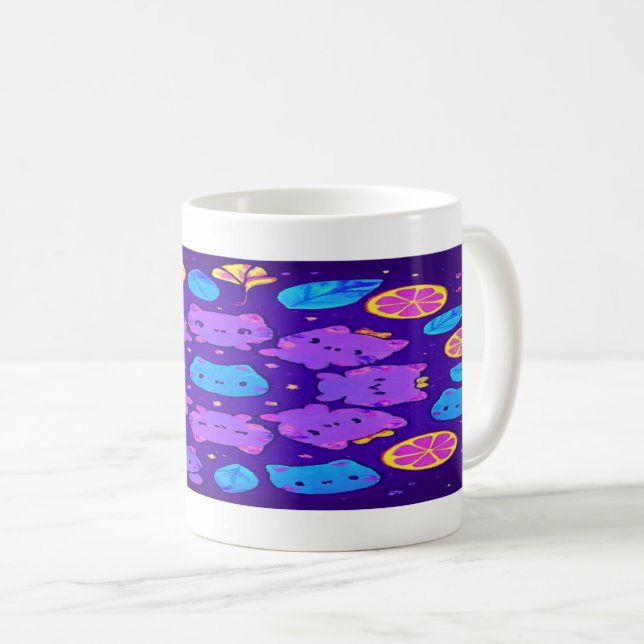 Caneca De Café : Neon Neko Citrus Mandala   (Frente Esquerda)