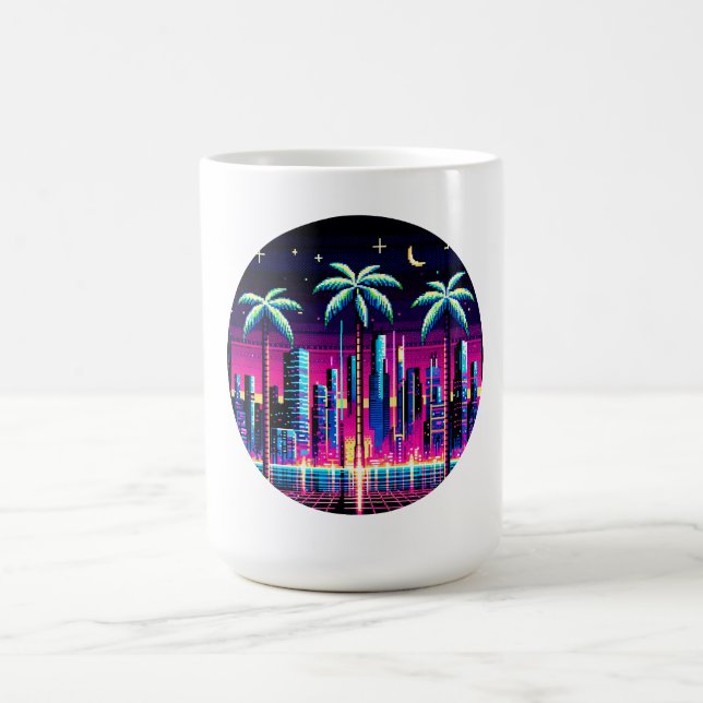 Caneca De Café Neon Pixel Palm Trees - Cyberpunk Night Art (Centro)