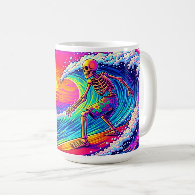 Caneca De Café Neon Skeleton Surfing Colorful Sunset (Frente Esquerda)
