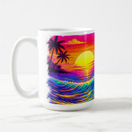 Caneca De Café Neon Skeleton Surfing Colorful Sunset