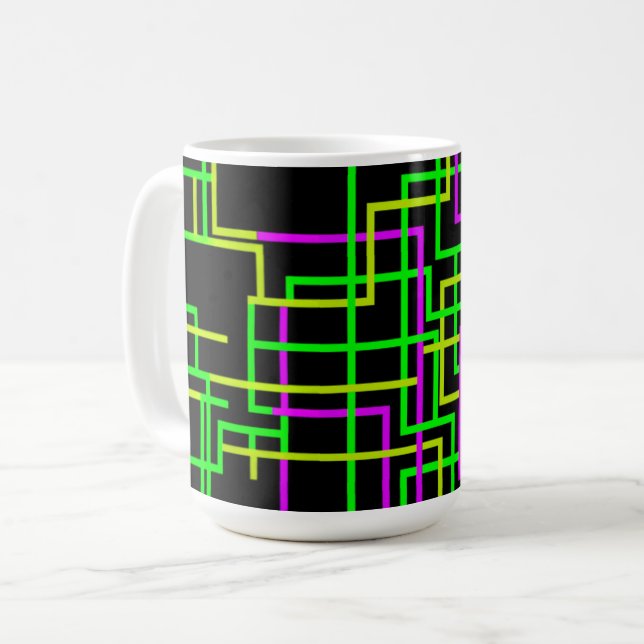 Caneca De Café Neon Verde e Rosa Geométrico (Frente Esquerda)