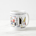 Caneca De Café Neoplasticism Art Stylish Monogram. Letter M<br><div class="desc">Fantastic, funny, artistic monogram. Here is the letter "M". Neoplasticism style, or De Stijl, line and color artistic decoration, the funny bird sits on the letter. The field of art is located under the letter. The template name "MARILYN" is located under the image. An elegant and unique coffee mug for...</div>