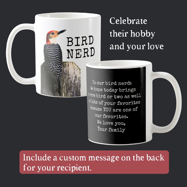 Caneca De Café Nerd de pássaros com mensagem personalizável (This custom Bird Nerd mug allows plenty of space on the back for a personal message for your gift.)