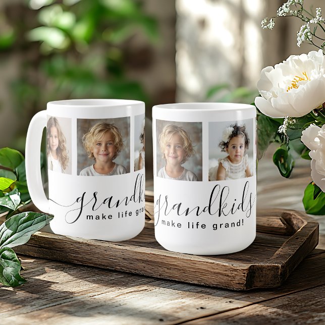 Caneca De Café Netos bonitos fazem a vida grande 4 fotos (Personalize this mug with 4 photos of the grandchildren for a perfect gift for Grandma!)