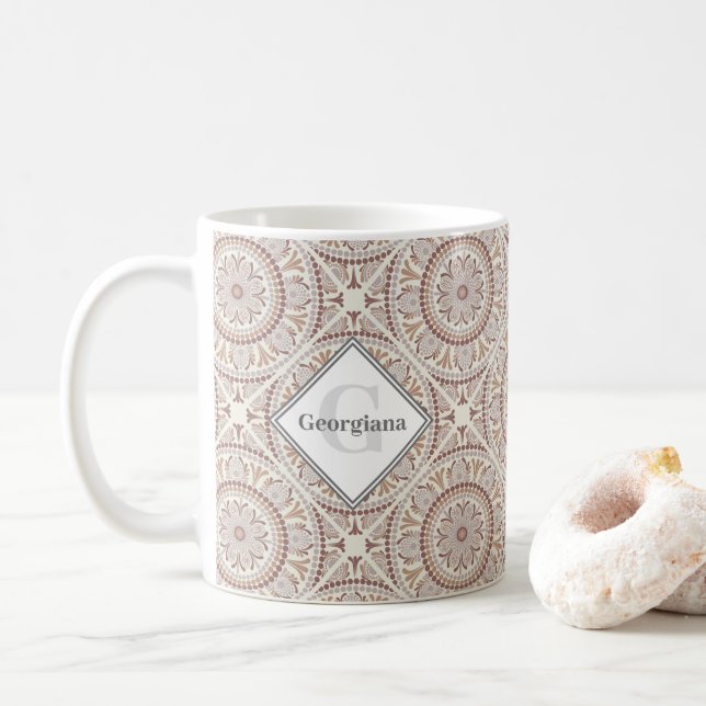 Caneca De Café Neutrais Quentes Monogramados Dot Mandala Diamond  (Com Donut)