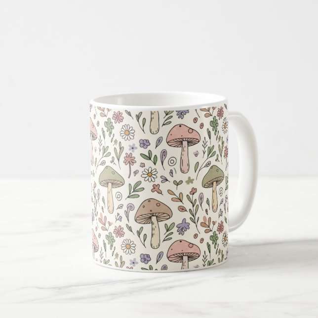 Caneca De Café Neutral Beige Earthy Mushroom Seamless Pattern (Frente Esquerda)
