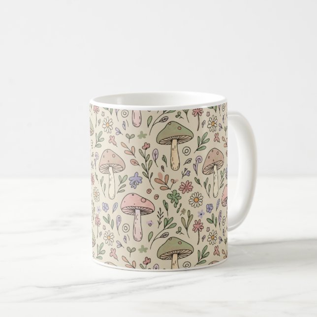 Caneca De Café Neutral Beige Earthy Mushroom Seamless Pattern (Frente Esquerda)