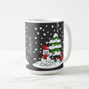 Caneca De Café Neve no Cardeal, Snowman e Pine Tree Adicionar n