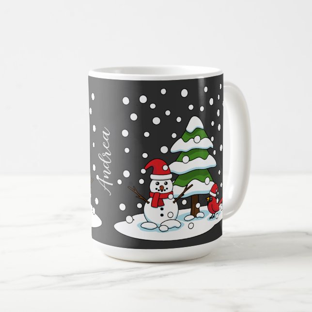 Caneca De Café Neve no Cardeal, Snowman e Pine Tree | Adicionar n (Frente Esquerda)