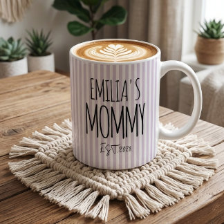 Caneca De Café New Mom | Purple Stripes Mommy Daddy Personalized