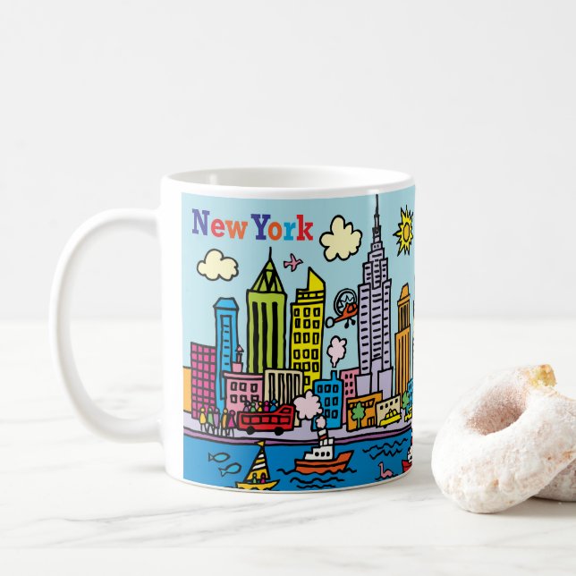Caneca De Café New York Cartoon Sighsee Building (Com Donut)