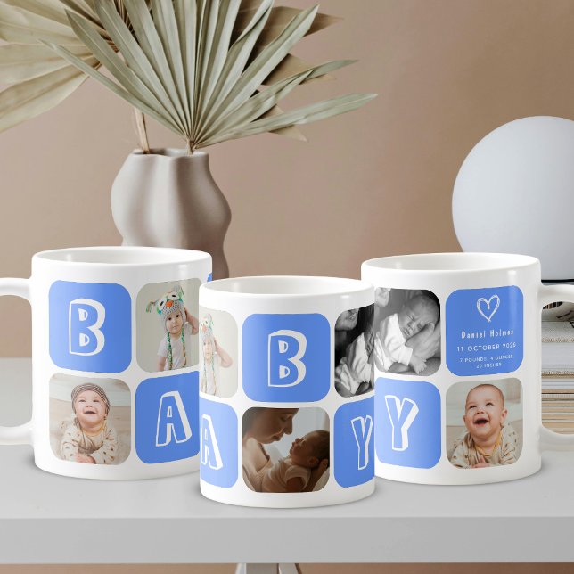 Caneca De Café Newborn Baby Boy 5 photo collage keepsake Blue (Criador carregado)