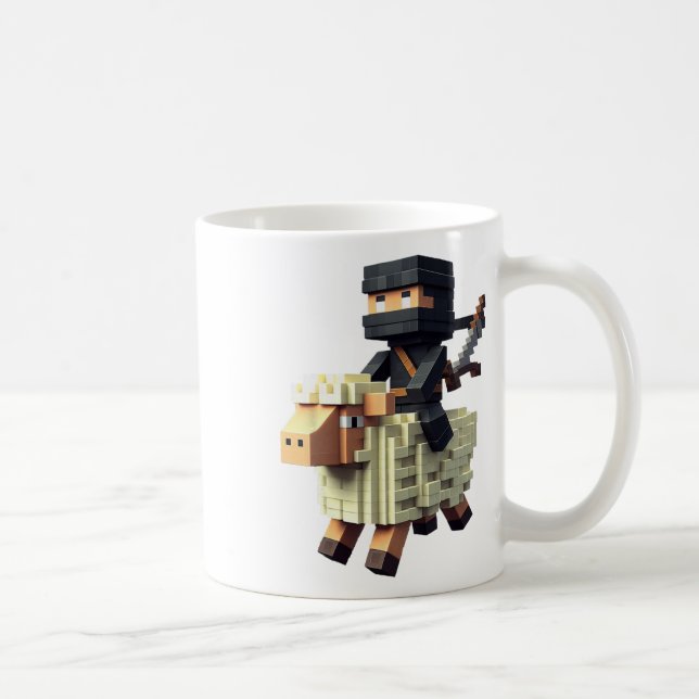 Caneca De Café Ninja Riding Sheep Block Style Character Pixel Art (Direita)