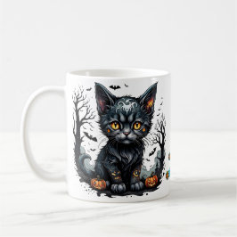 Caneca De Café Noite de Halloween com gatinho e abóboras.