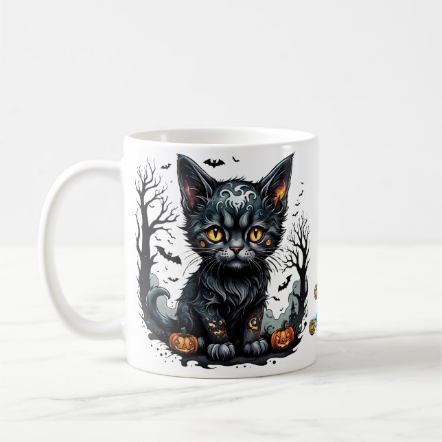 Caneca De Café Noite de Halloween com gatinho e abóboras. (Esquerda)