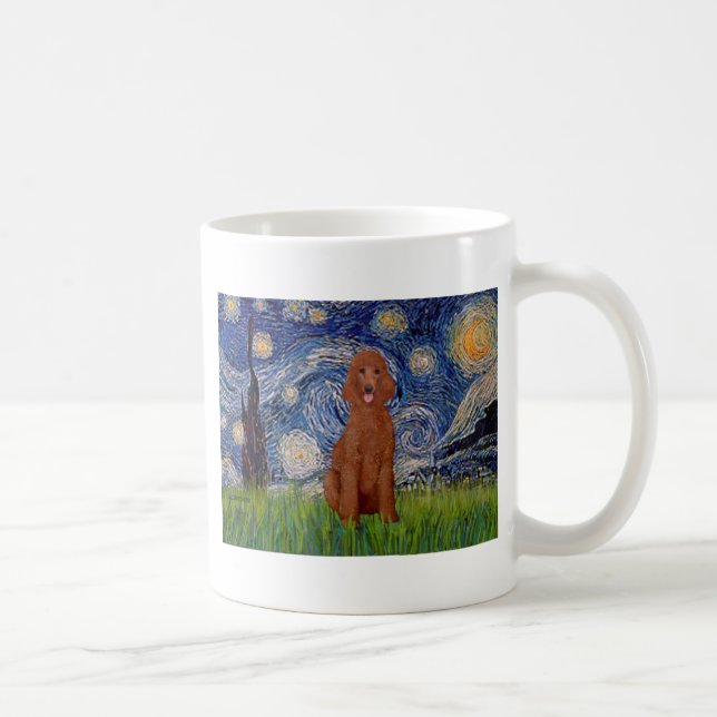 Caneca De Café Noite Estrelada - Poodle Padrão Vermelho Escuro #1 (Direita)