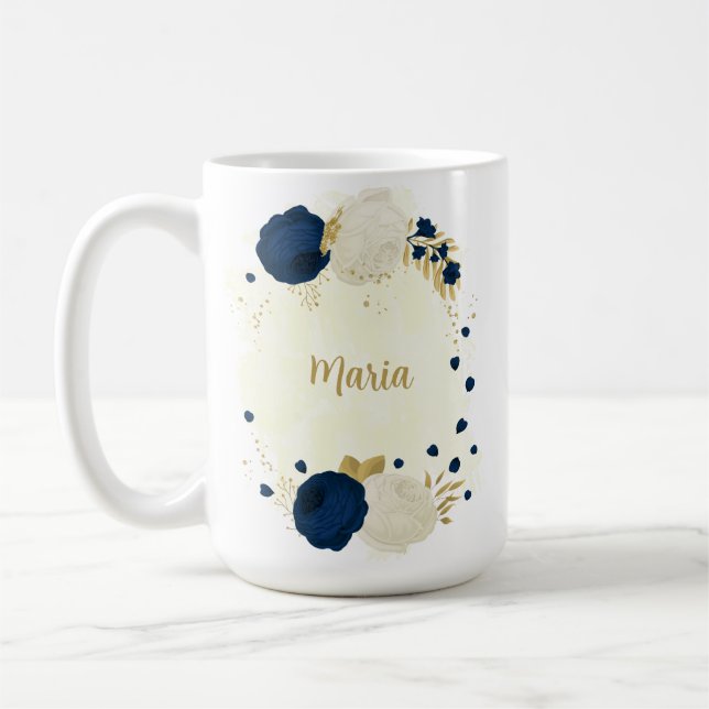 Caneca De Café noiva & flores brancas dourado botânico casamento (Esquerda)