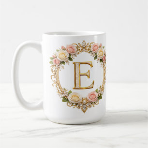 Caneca De Café Noiva Rosa Dourado Floral Monograma Letra E Casame