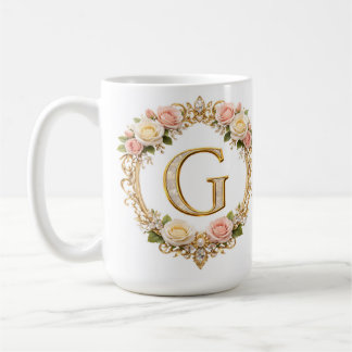 Caneca De Café Noiva Rosa Dourado Floral Monograma Letra G Casame