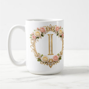 Caneca De Café Noiva Rosa Dourado Floral Monograma Letra I Casame