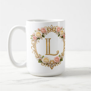 Caneca De Café Noiva Rosa Dourado Floral Monograma Letra L Casame