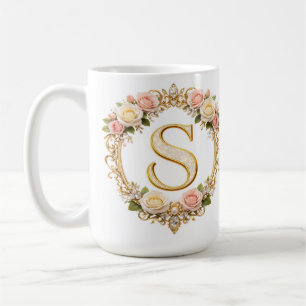 Caneca De Café Noiva Rosa Dourado Floral Monograma Letra S Casame