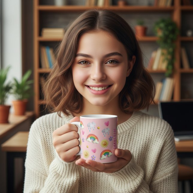 Caneca De Café Nome 3D bonito Nuvens Arco-Íris Estrelas Sun e Hea (Cute 3D Inflated Puff Raibow, Heart, Clouds, Flower, Stars & Sun Pattern Personalized Girl's Name)