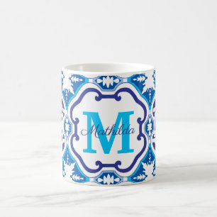 Caneca De Café 💙 Nome + Azulejos azuis iniciais 004  