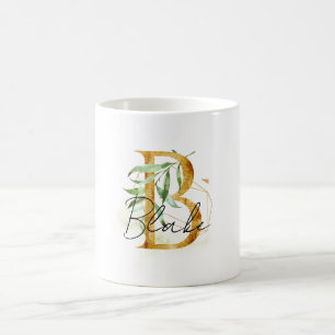 Caneca De Café Nome B Dourado Folhas Verdes