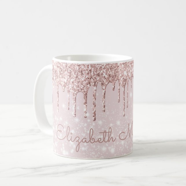 Caneca De Café Nome Brilhante Rosa Rosa Rosa Dourado Dota Bonito (Frente Esquerda)