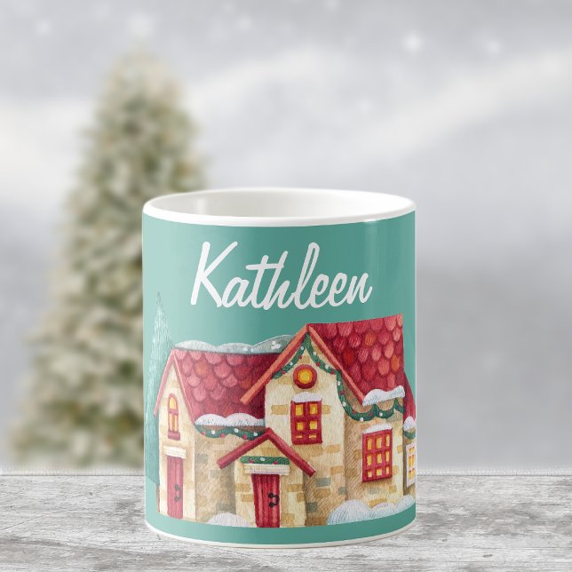 Caneca De Café Nome, Casa de Inverno em Aquarela 11oz (Criador carregado)