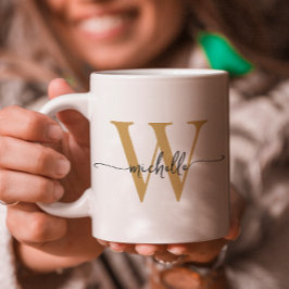Caneca De Café Nome com Letra Inicial em Script Elegante Branco e