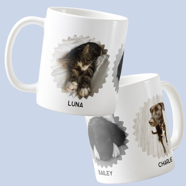 Caneca De Café Nome da Colagem de Fotos de Três Pet Wavy (Modern wavy edged photo collage with personalized names coffee mug for pet and animal lovers)