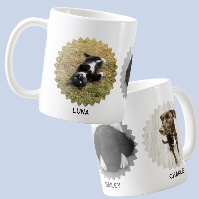 Caneca De Café Nome da Colagem de Fotos de Três Pet Wavy (Modern wavy frame three pet photo collage custom names coffee mug for animal lovers)