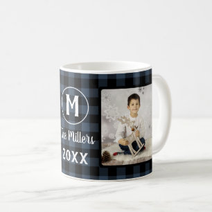 Caneca De Café Nome da Família Feriado de Xadrez Azul 2 Ano Fotog