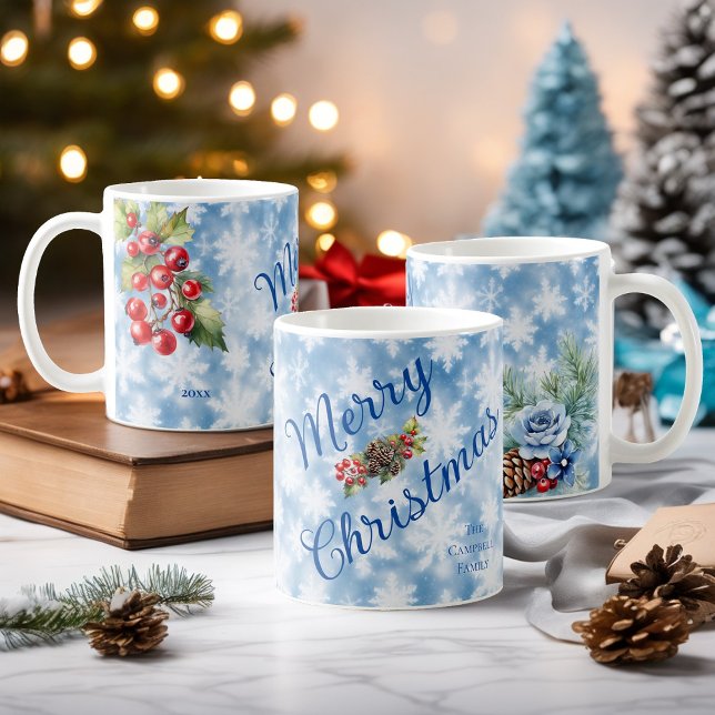 Caneca De Café Nome da Família Floco de Neve Azul Ano de Natal (Criador carregado)