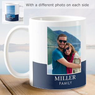 Caneca De Café Nome da Família Moderna Personalizado 2 Fotos Azul