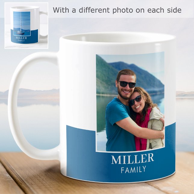 Caneca De Café Nome da Família Moderna Personalizado 2 Fotos Azul (Criador carregado)