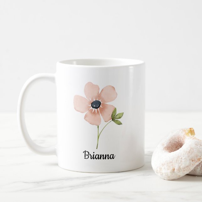 Caneca De Café Nome da Flor Aquarela Rosada (Com Donut)