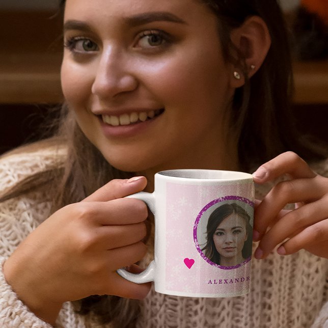 Caneca De Café Nome da foto da família de Natal rosa personalizad (Criador carregado)