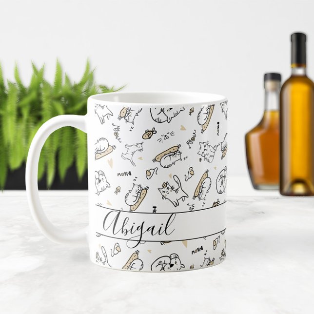 Caneca De Café Nome da Ilustração de Gatos 🐾 ou do Monograma Cat (🐾 Cats Illustration Name or Monogram Cat Lover's Coffee Mug
)