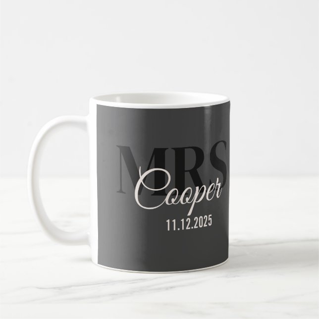 Caneca De Café Nome da Noiva com Data de Casamento Texto a Preto  (Esquerda)
